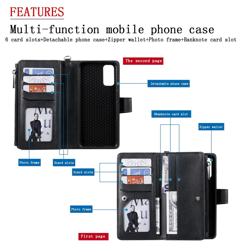 For Samsung Galaxy S20 4G / S20 5G Case 2 in 1 Detachable Magnetic Leather Wallet Mobile Cover with Strap - Black - 5