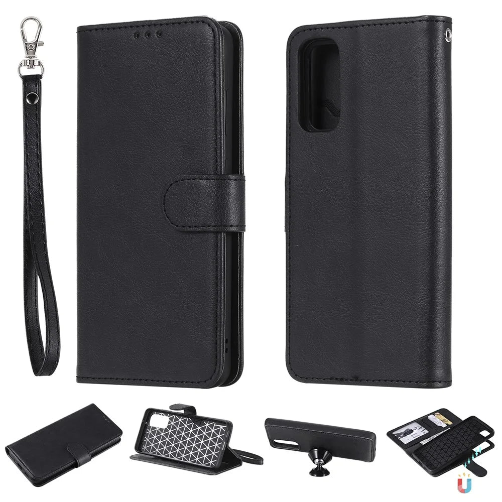 For Samsung Galaxy S20 4G / S20 5G Case 2 in 1 Detachable Magnetic Leather Wallet Mobile Cover with Strap - Black - 1