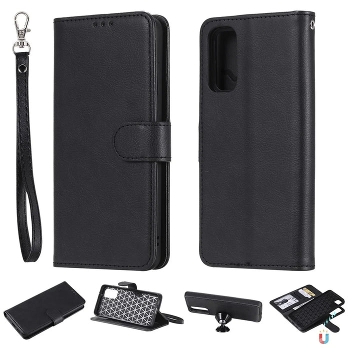 For Samsung Galaxy S20 4G / S20 5G Case 2 in 1 Detachable Magnetic Leather Wallet Mobile Cover with Strap - Black - 1