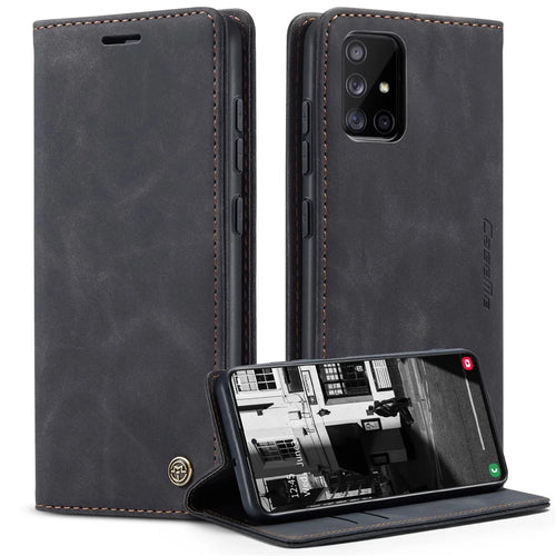 CASEME 013 Series Auto-absorbed Leather Wallet Automatic Closing Stand Case for Samsung Galaxy A51 - Black - 1