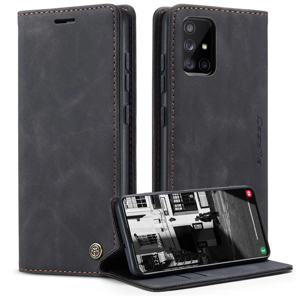 CASEME 013 Series Auto-absorbed Leather Wallet Automatic Closing Stand Case for Samsung Galaxy A51 - Black - 1
