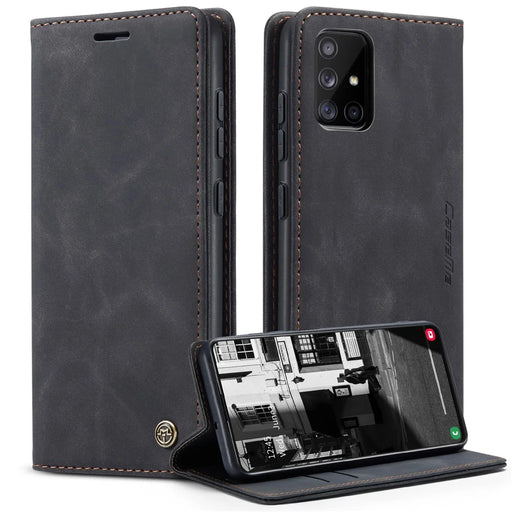 CASEME 013 Series Auto-absorbed Leather Wallet Automatic Closing Stand Case for Samsung Galaxy A51 - Black - 1