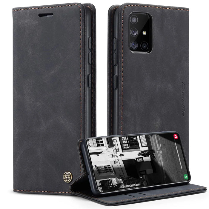 CASEME 013 Series Auto-absorbed Leather Wallet Automatic Closing Stand Case for Samsung Galaxy A51 - Black - 1