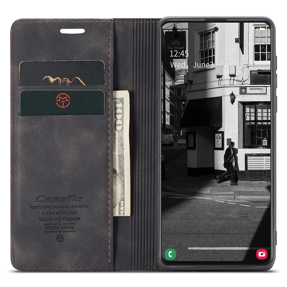 CASEME 013 Series Auto-absorbed Leather Wallet Automatic Closing Stand Case for Samsung Galaxy A51 - Black - 2