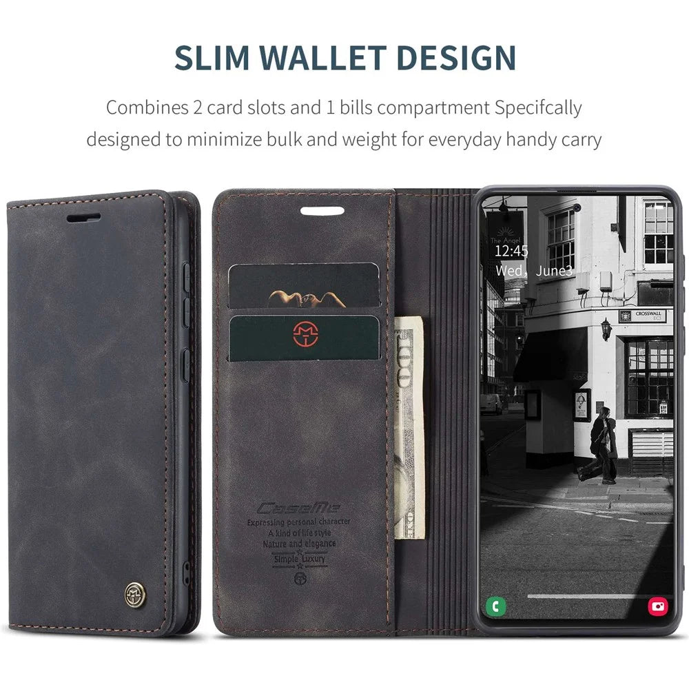 CASEME 013 Series Auto-absorbed Leather Wallet Automatic Closing Stand Case for Samsung Galaxy A51 - Black - 4