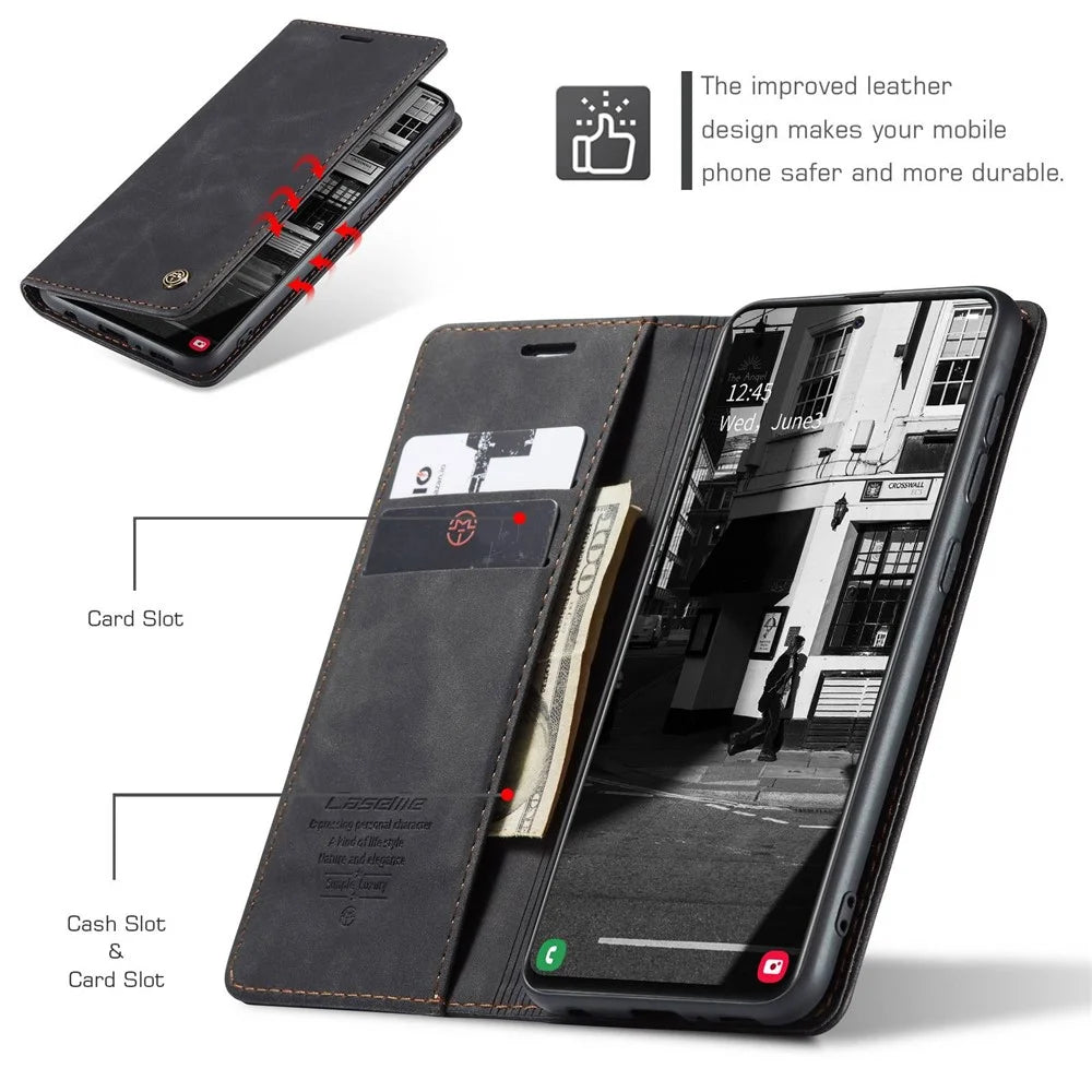 CASEME 013 Series Auto-absorbed Leather Wallet Automatic Closing Stand Case for Samsung Galaxy A51 - Black - 5