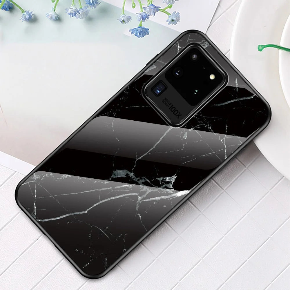 Marble Pattern Tempered Glass Case PC + TPU Hybrid Cover for Samsung Galaxy S20 Ultra - Black - 1