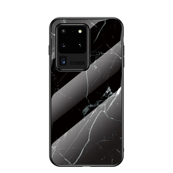 Marble Pattern Tempered Glass Case PC + TPU Hybrid Cover for Samsung Galaxy S20 Ultra - Black - 2