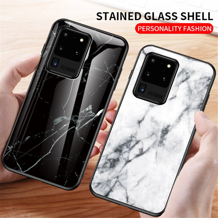 Marble Pattern Tempered Glass Case PC + TPU Hybrid Cover for Samsung Galaxy S20 Ultra - Black - 3