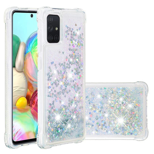 Liquid Glitter Powder Quicksand Shockproof TPU Case for Samsung Galaxy A71 - Silver Love Hearts - 1