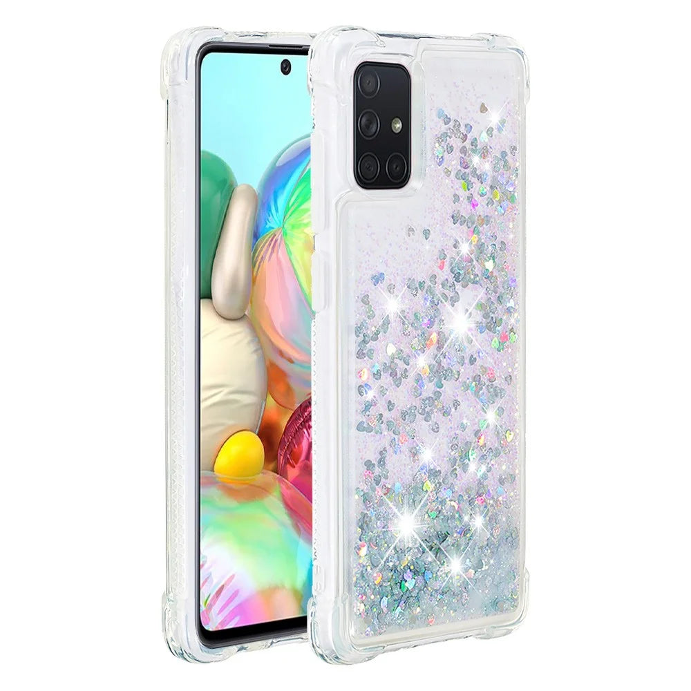 Liquid Glitter Powder Quicksand Shockproof TPU Case for Samsung Galaxy A71 - Silver Love Hearts - 2