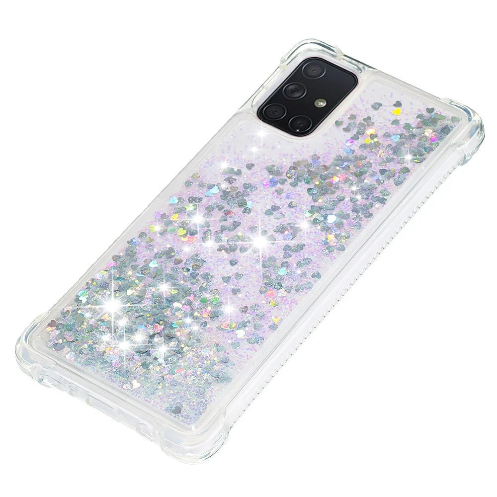 Liquid Glitter Powder Quicksand Shockproof TPU Case for Samsung Galaxy A71 - Silver Love Hearts - 6
