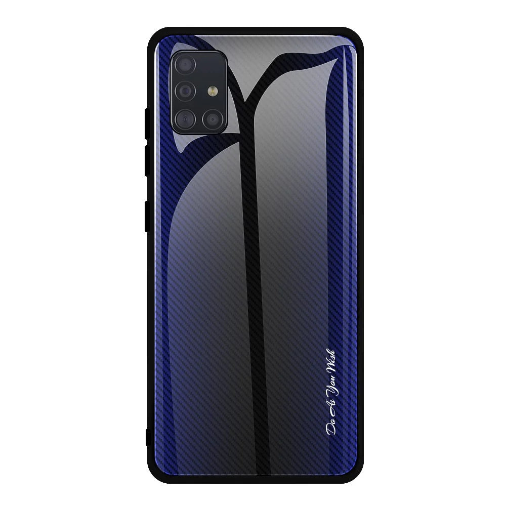 Carbon Fibre Texture Glass Back + TPU Combo Shell Case for Samsung Galaxy A51 - Dark Blue - 1
