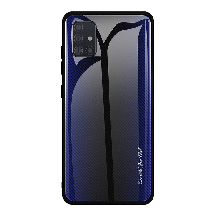 Carbon Fibre Texture Glass Back + TPU Combo Shell Case for Samsung Galaxy A51 - Dark Blue - 1