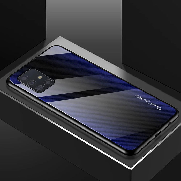 Carbon Fibre Texture Glass Back + TPU Combo Shell Case for Samsung Galaxy A51 - Dark Blue - 2