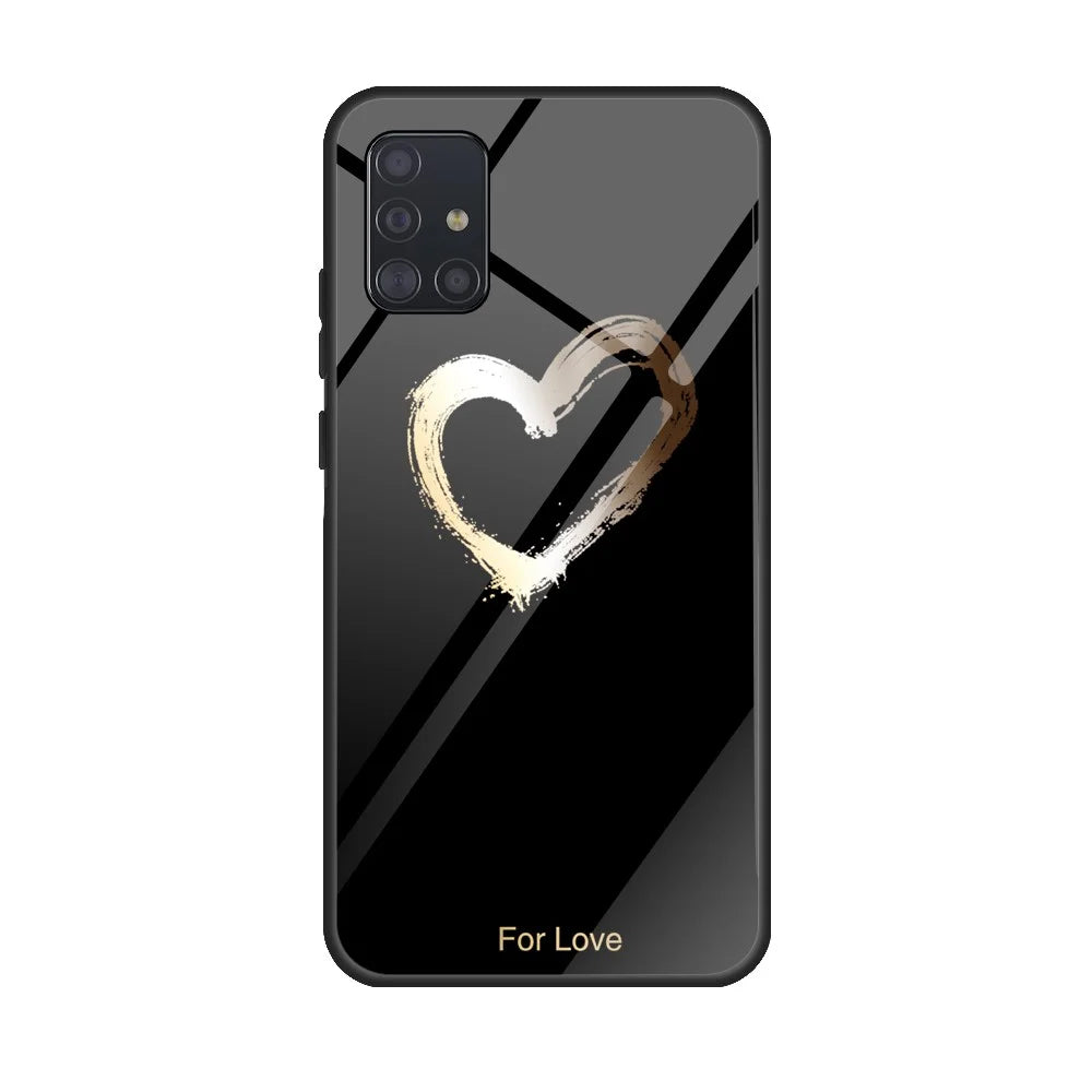 Printing Surface Glass Back + TPU Cell Phone Case for Samsung Galaxy A51 - Black/For Love - 1