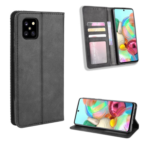 Vintage Style Leather Wallet Stand Phone Case for Samsung Galaxy A81/M60S/Note 10 Lite - Black - 1