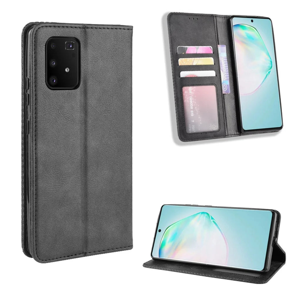 Vintage Style Leather Wallet Stand Phone Cover for Samsung Galaxy A91/M80S/S10 Lite - Black - 1