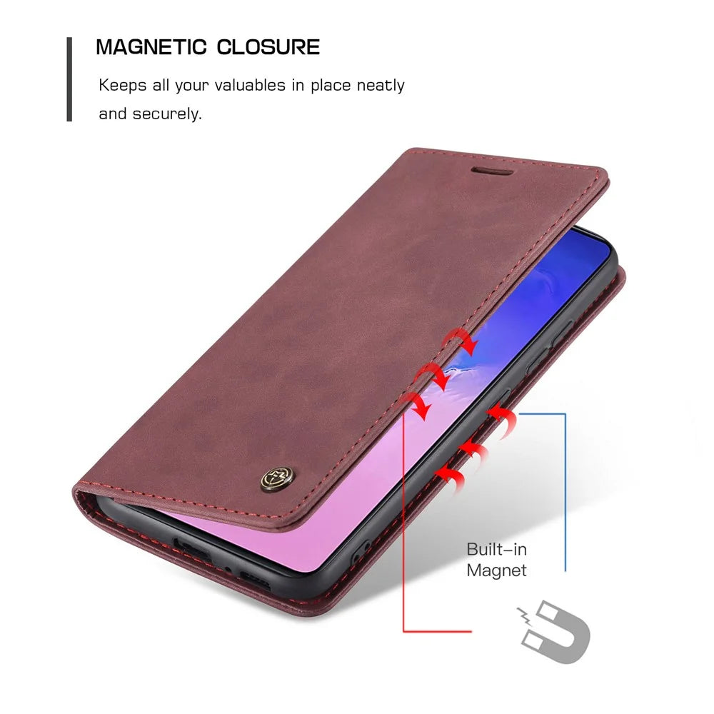 CASEME 013 Series Flip Wallet Leather Mobile Case for Samsung Galaxy A91/S10 Lite - Wine Red - 6