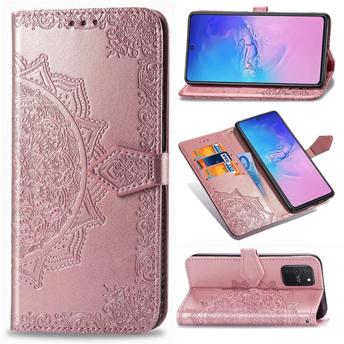 Embossed Mandala Flower Wallet Leather Stand Phone Protection Cover for Samsung Galaxy A91/S10 Lite - Rose Gold - 1