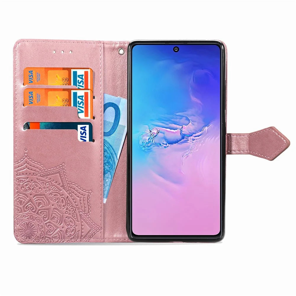 Embossed Mandala Flower Wallet Leather Stand Phone Protection Cover for Samsung Galaxy A91/S10 Lite - Rose Gold - 5