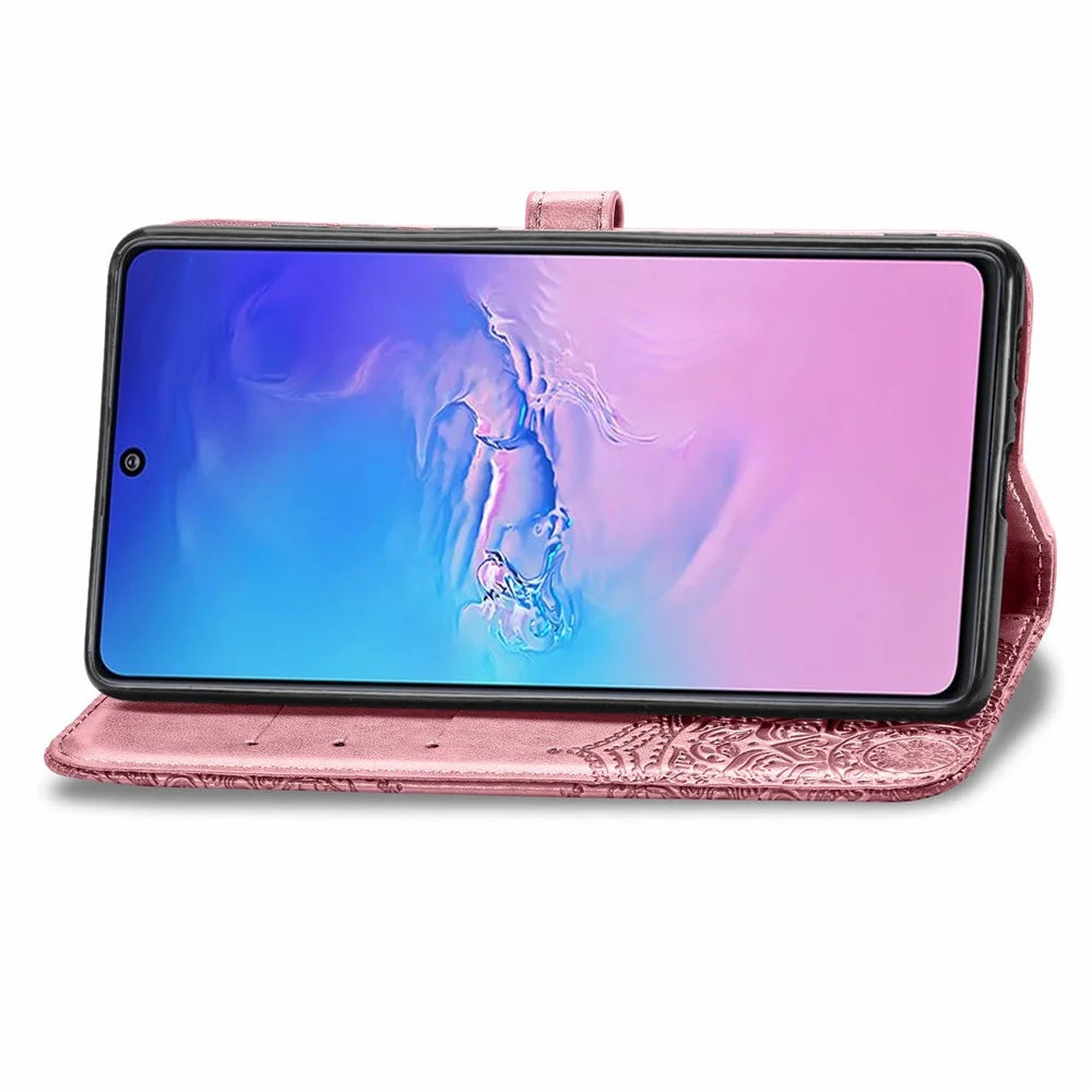 Embossed Mandala Flower Wallet Leather Stand Phone Protection Cover for Samsung Galaxy A91/S10 Lite - Rose Gold - 6