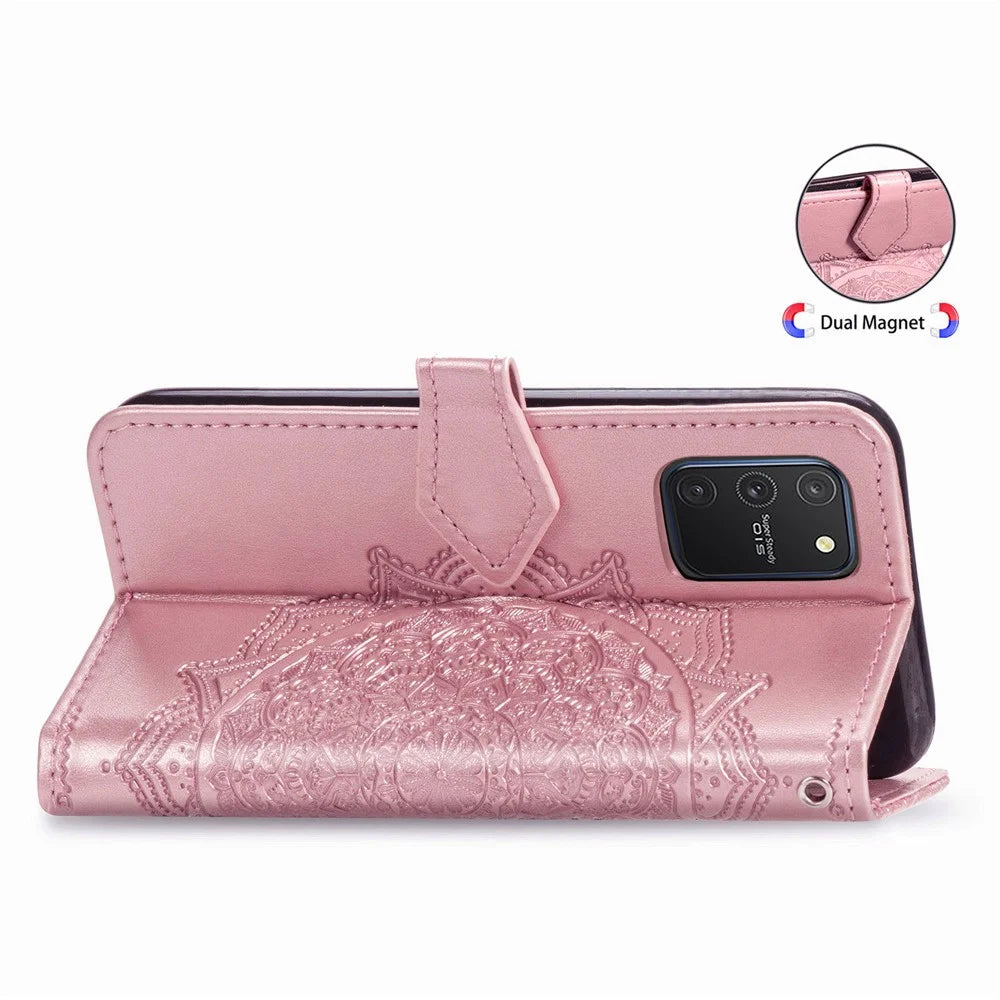Embossed Mandala Flower Wallet Leather Stand Phone Protection Cover for Samsung Galaxy A91/S10 Lite - Rose Gold - 7