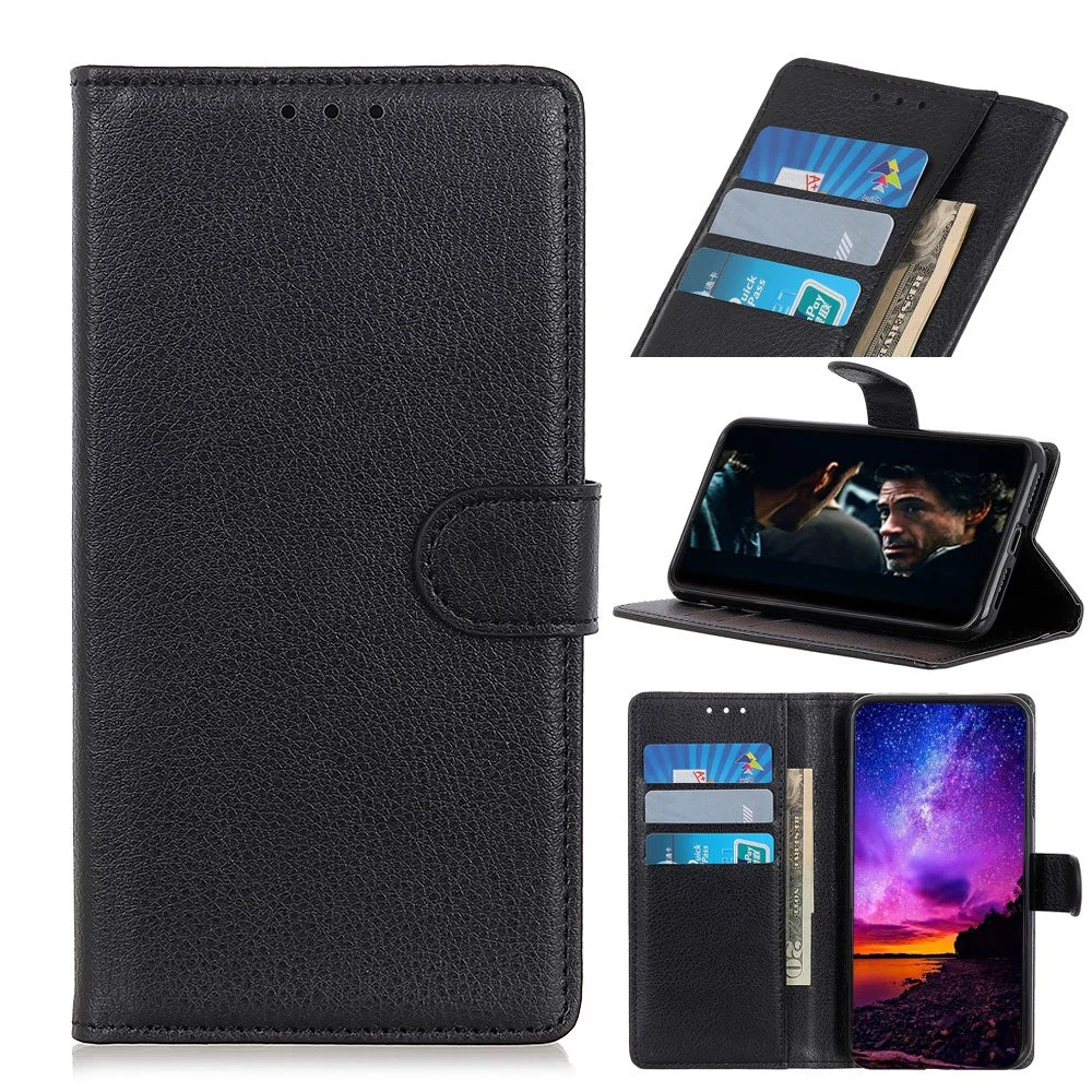 Litchi Skin Texture Wallet Leather Stand Phone Case for Samsung Galaxy A41 - Black - 1