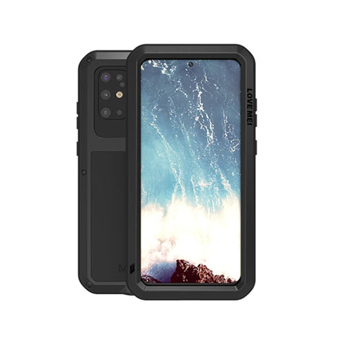 LOVE MEI Dust-proof Shock-proof Splash-proof Defender Metal+Silicone+Tempered Glass Phone Protection Shell Phone Cover for Samsung Galaxy S20 Plus - Black - 1