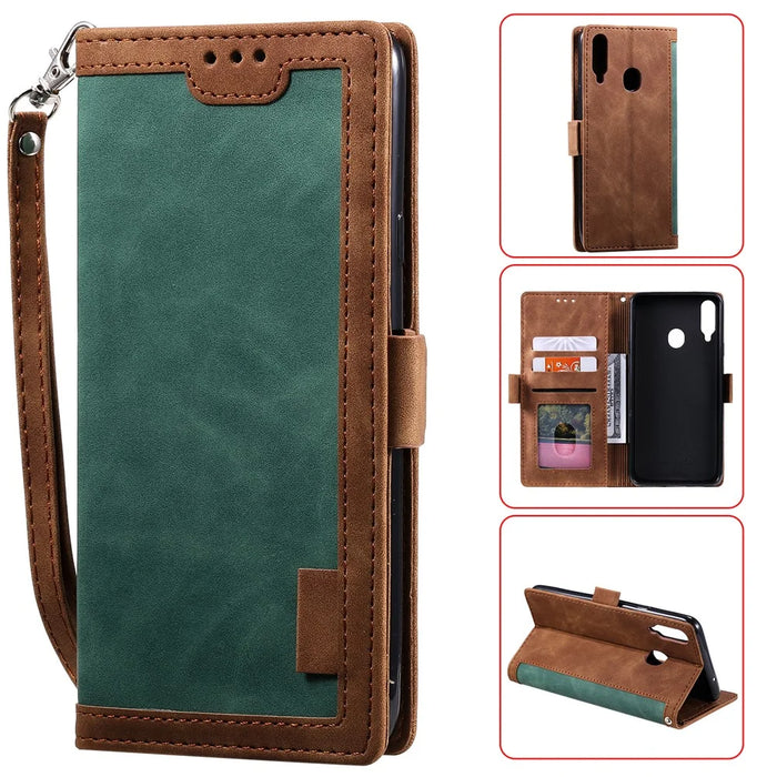 Vintage Splicing Style Wallet Stand Leather Flip Phone Case for Samsung Galaxy A20s  - Green - 1