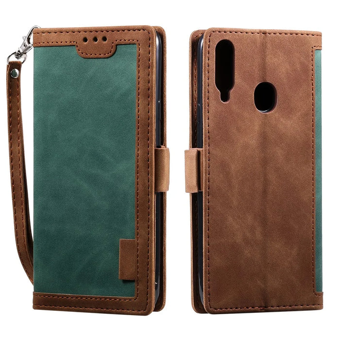 Vintage Splicing Style Wallet Stand Leather Flip Phone Case for Samsung Galaxy A20s  - Green - 2