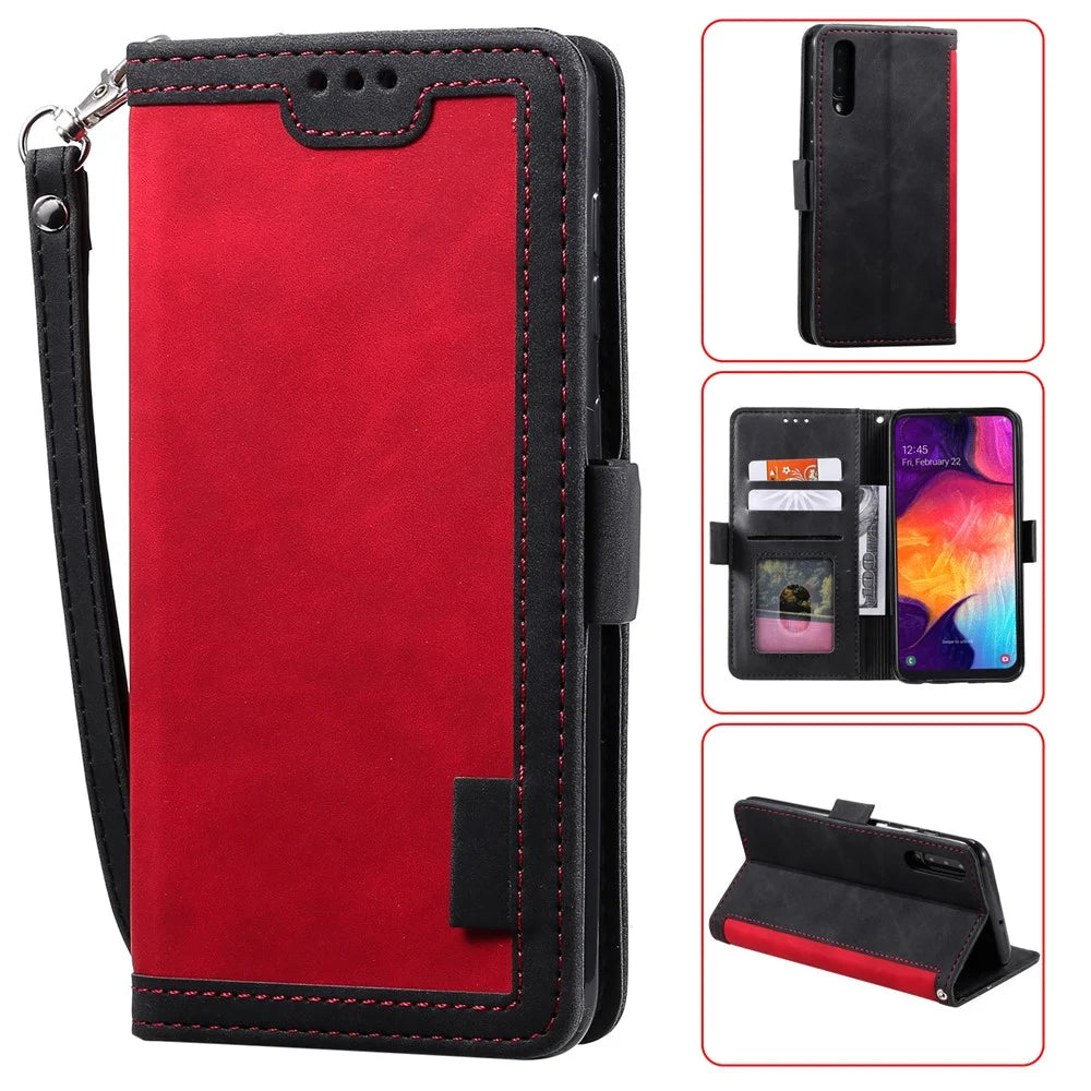 Vintage Splicing Style Wallet Stand Leather Flip Phone Cover for Samsung Galaxy A70  - Red - 1