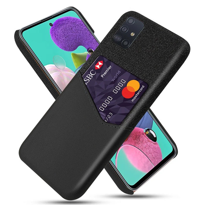 Cloth + PU Leather Coated PC Hard Case with Card Slot for Samsung Galaxy A71 - Black - 1
