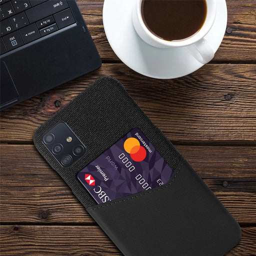 Cloth + PU Leather Coated PC Hard Case with Card Slot for Samsung Galaxy A71 - Black - 2