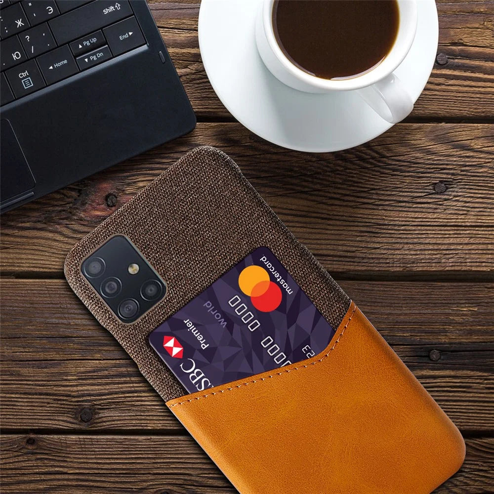 Cloth + PU Leather Coated PC Phone Cover with Card Holder for Samsung Galaxy A51 - Brown - 2