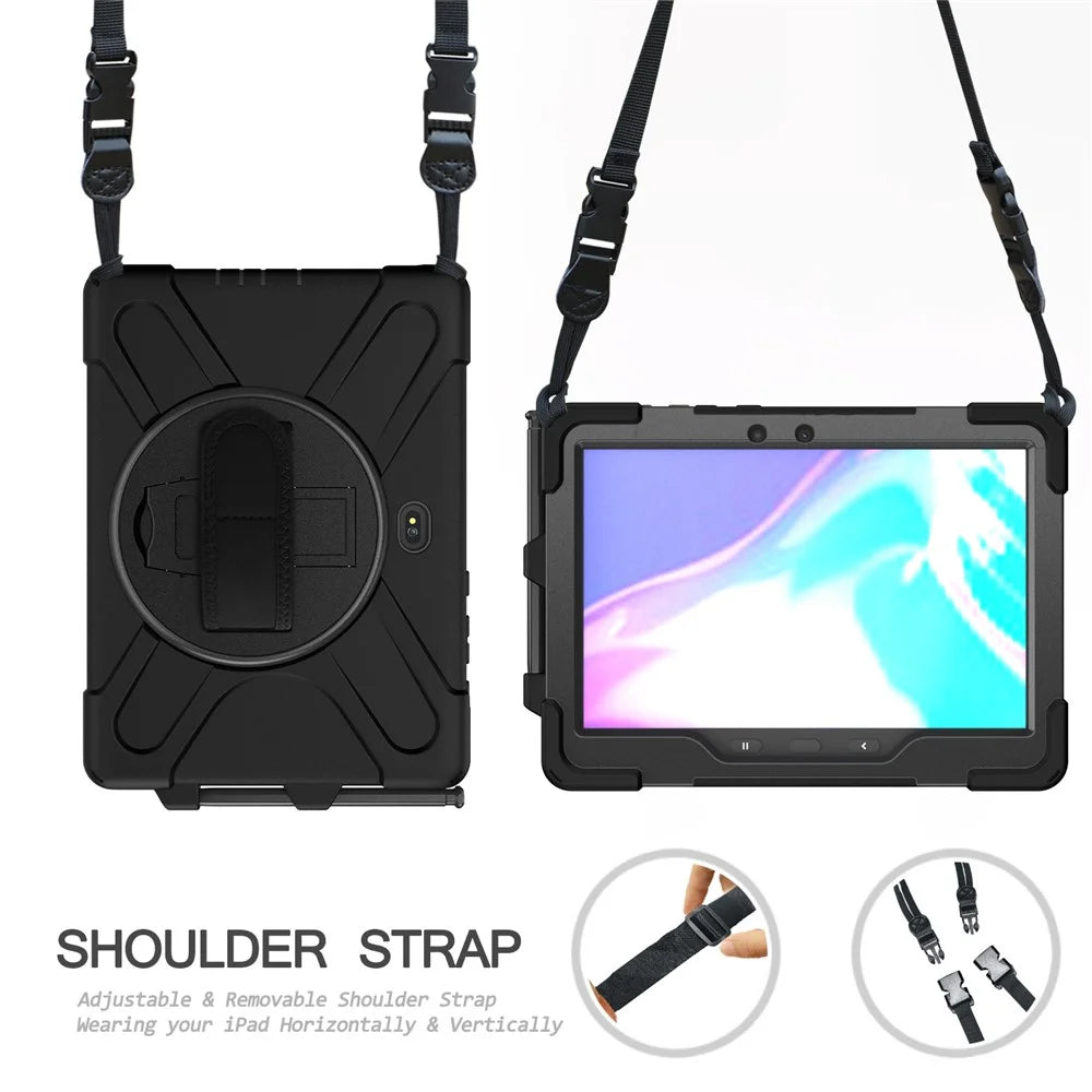 For Samsung Galaxy Tab Active5 Pro X350 / X356B / Active4 Pro T630 T636 / Active Pro T540 T545 T547 PC Silicone Tablet Case Kickstand with Strap - Black - 7