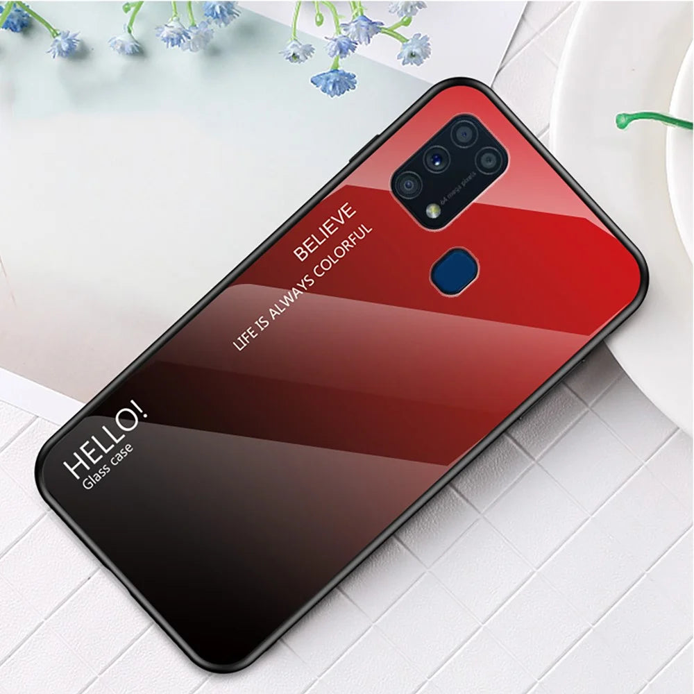 Gradient Color Tempered Glass + PC + TPU Hybrid Case for Samsung Galaxy M31 - Red/Black - 1