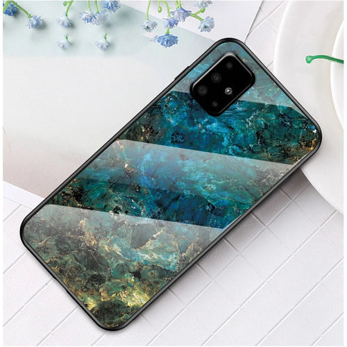 Marble Grain Pattern Tempered Glass PC + TPU Phone Case for Samsung Galaxy A71 A715 - Emerald - 1