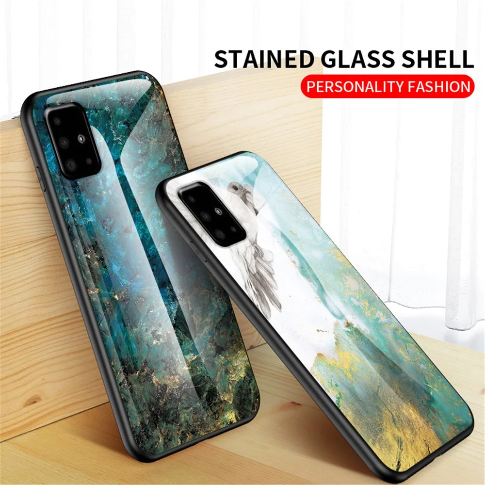 Marble Grain Pattern Tempered Glass PC + TPU Phone Case for Samsung Galaxy A71 A715 - Emerald - 3