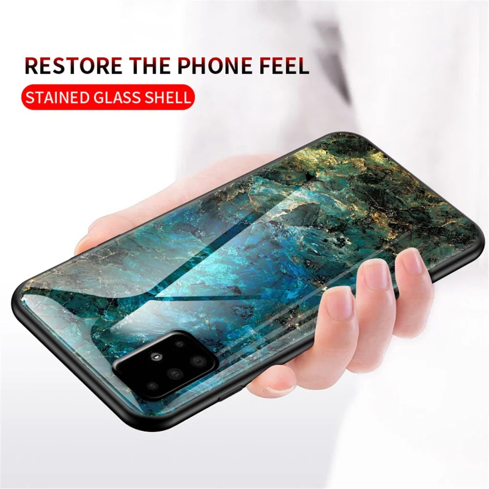 Marble Grain Pattern Tempered Glass PC + TPU Phone Case for Samsung Galaxy A71 A715 - Emerald - 4