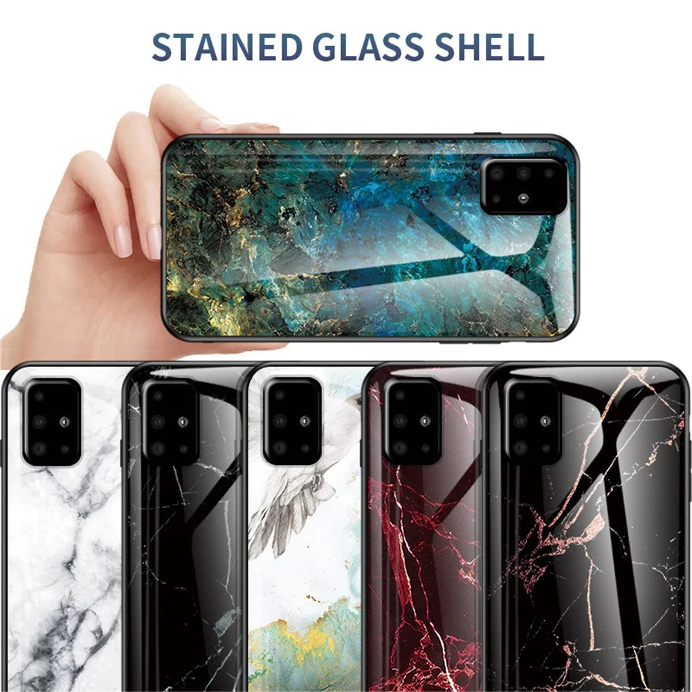 Marble Grain Pattern Tempered Glass PC + TPU Phone Case for Samsung Galaxy A71 A715 - Emerald - 6