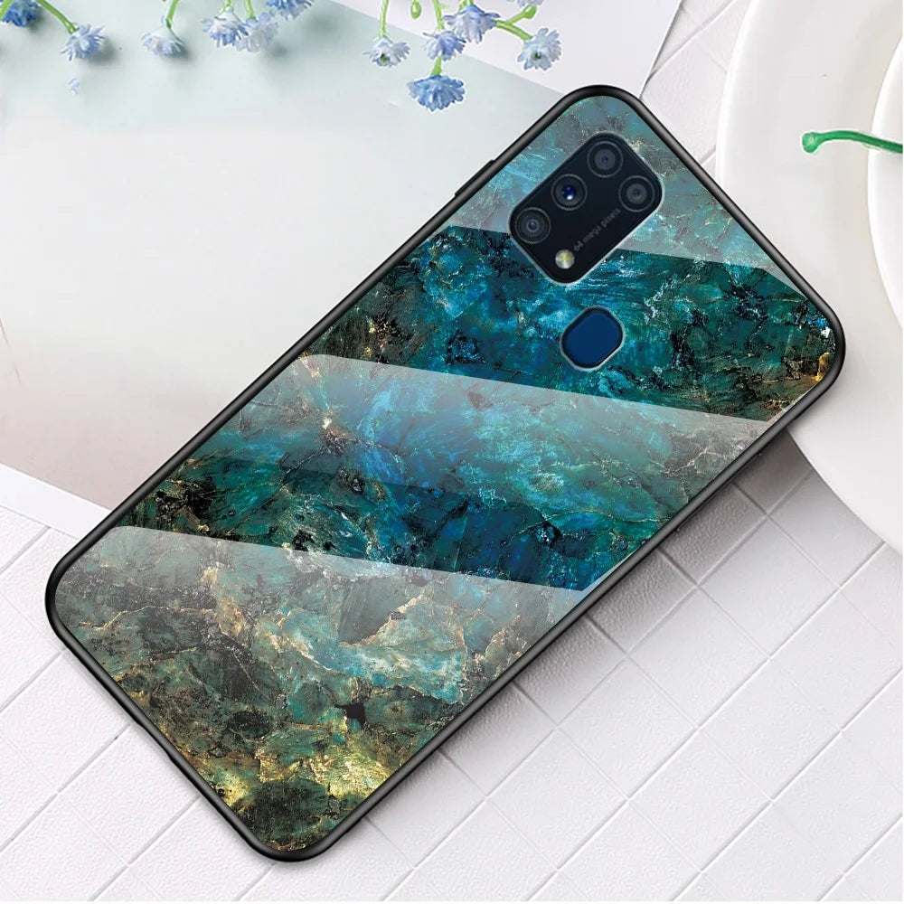 Marble Texture Tempered Glass + PC + TPU Hybrid Case for Samsung Galaxy M31 - Emerald - 1