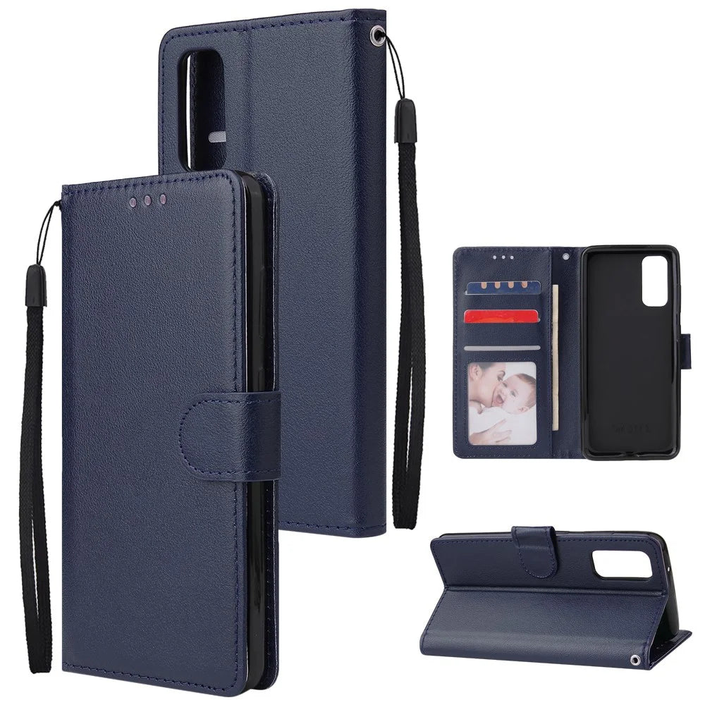 PU Leather Wallet Cell Phone Case with Lanyard Shell for Samsung Galaxy S20 4G/S20 5G - Blue - 1