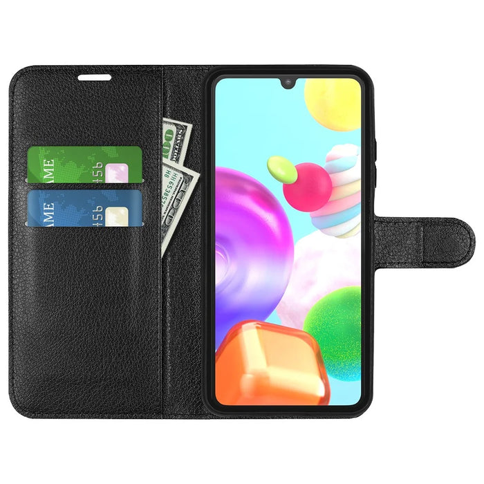 Litchi Texture PU Leather Magnetic Flip Stand Wallet Phone Case for Galaxy A41 (Global Version) - Black - 2