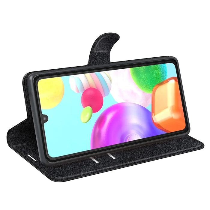 Litchi Texture PU Leather Magnetic Flip Stand Wallet Phone Case for Galaxy A41 (Global Version) - Black - 3