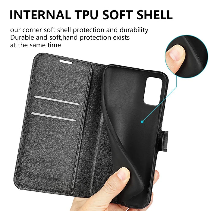 Litchi Texture PU Leather Magnetic Flip Stand Wallet Phone Case for Galaxy A41 (Global Version) - Black - 6