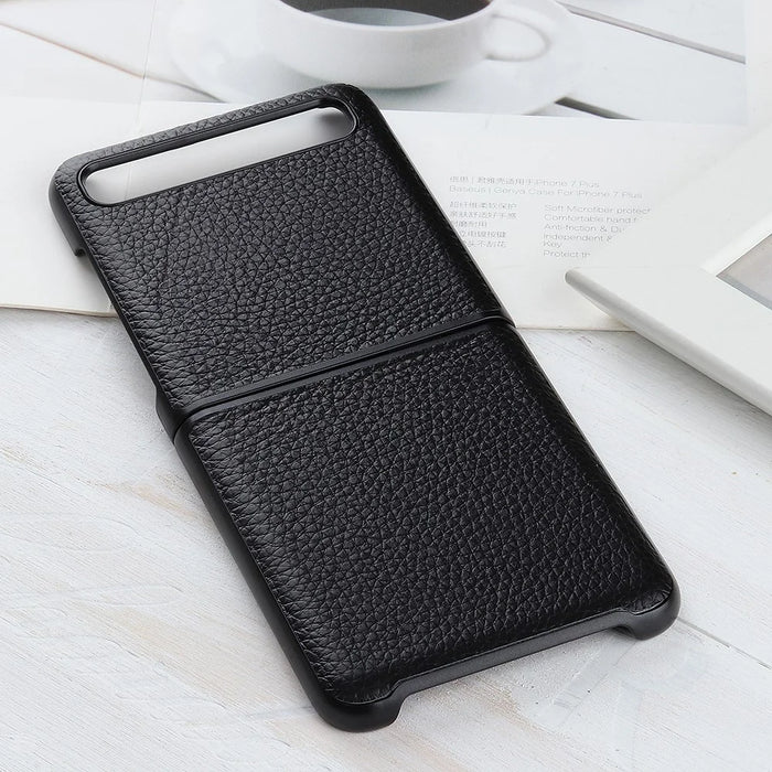 Litchi Texture Genuine Leather Skin Coated PC Cell Phone Case for Samsung Galaxy Z Flip - Black - 2