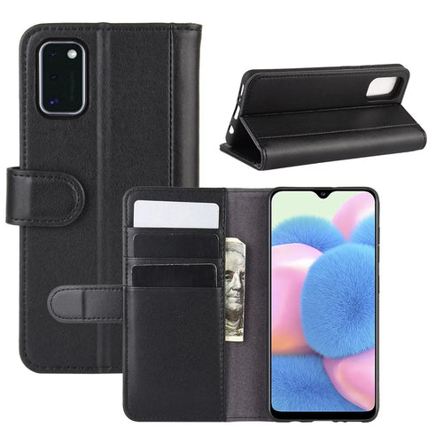 For Samsung Galaxy A41 (Global) Phone Cases Genuine Split Leather Wallet Mobile Cover Stand - Black - 1
