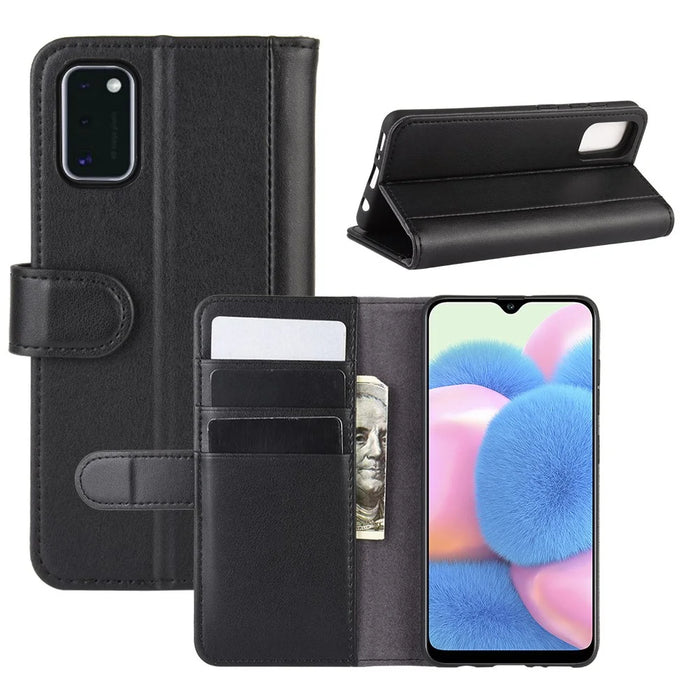 For Samsung Galaxy A41 (Global) Phone Cases Genuine Split Leather Wallet Mobile Cover Stand - Black - 1