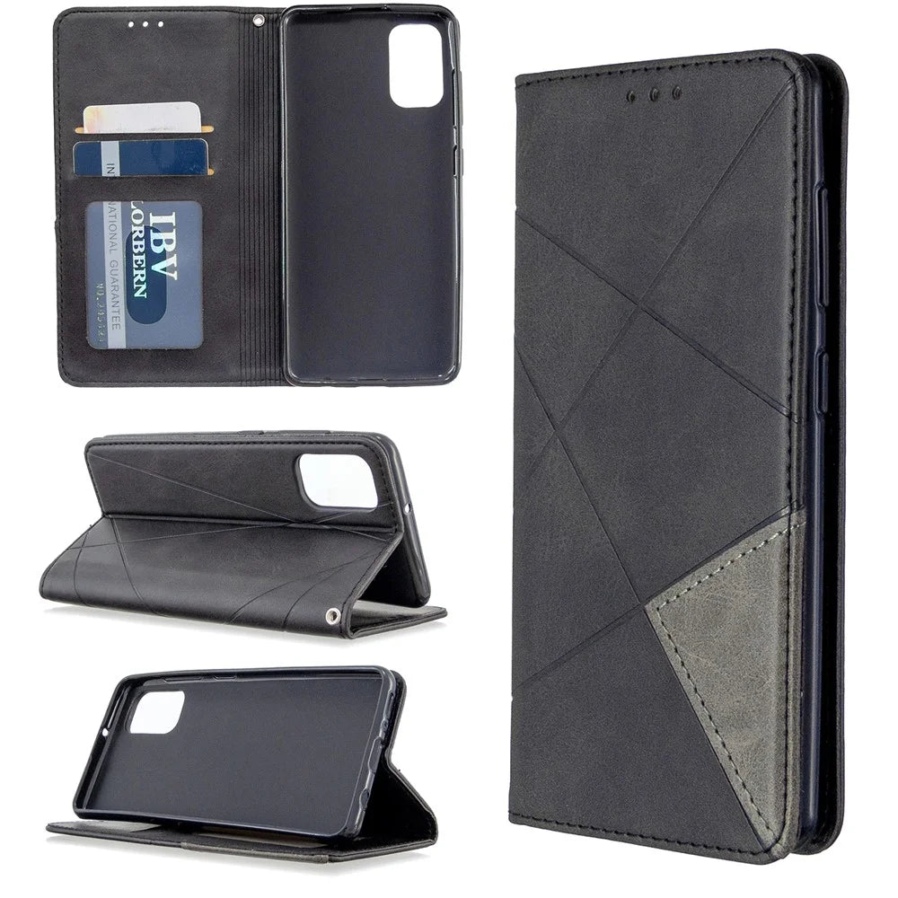 Geometric Leather Phone Case Card Holder Shell for Samsung Galaxy A41 (Global Version) - Black - 1